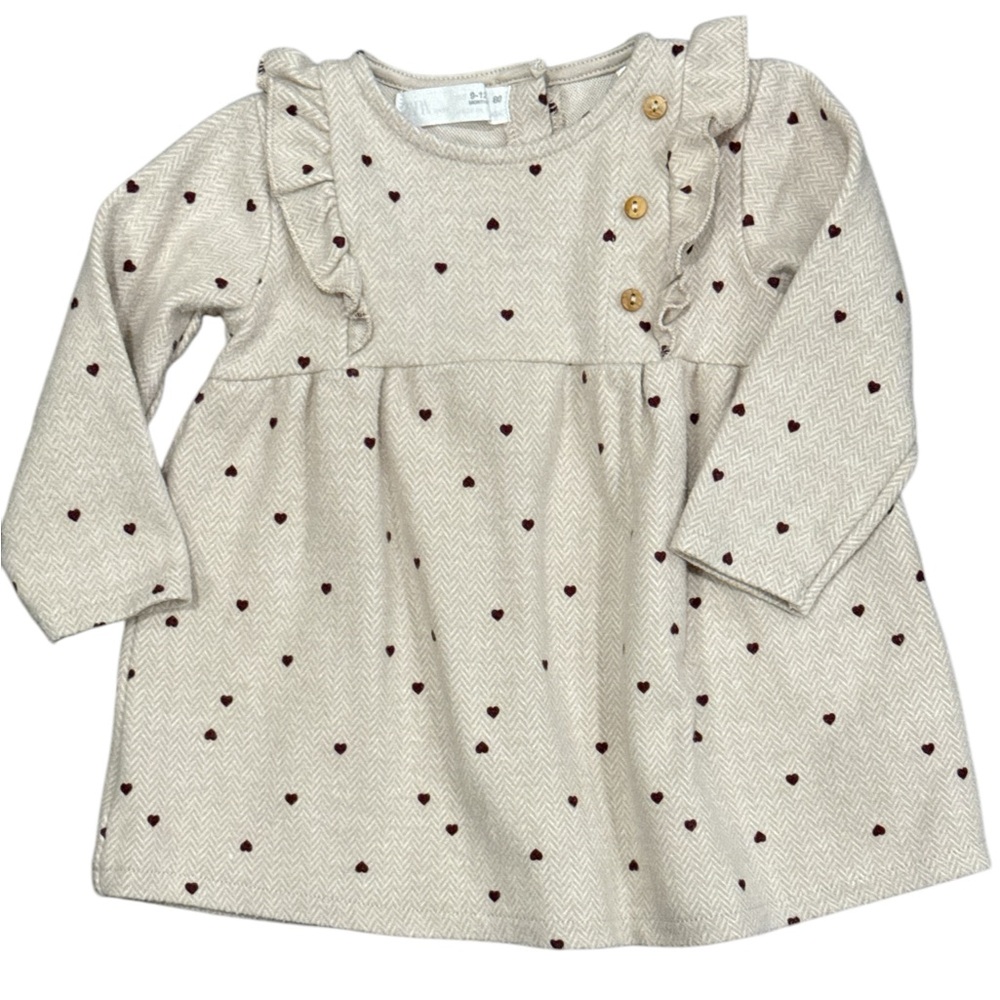 Zara Kids Heart Ruffle Tunic Girls Size 9-12 Months Neutral Beige w/ Red Hearts